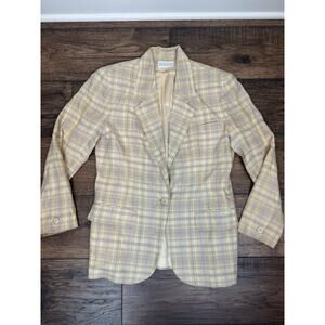 Vintage Lands End Women’s Blazer 100% Linen Yellow Jacket One Button Plaid Sz 6P